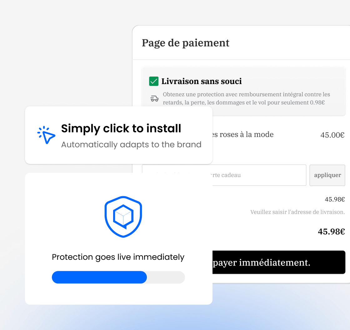 Protection setup interface showing one-click installation with checkout page customization