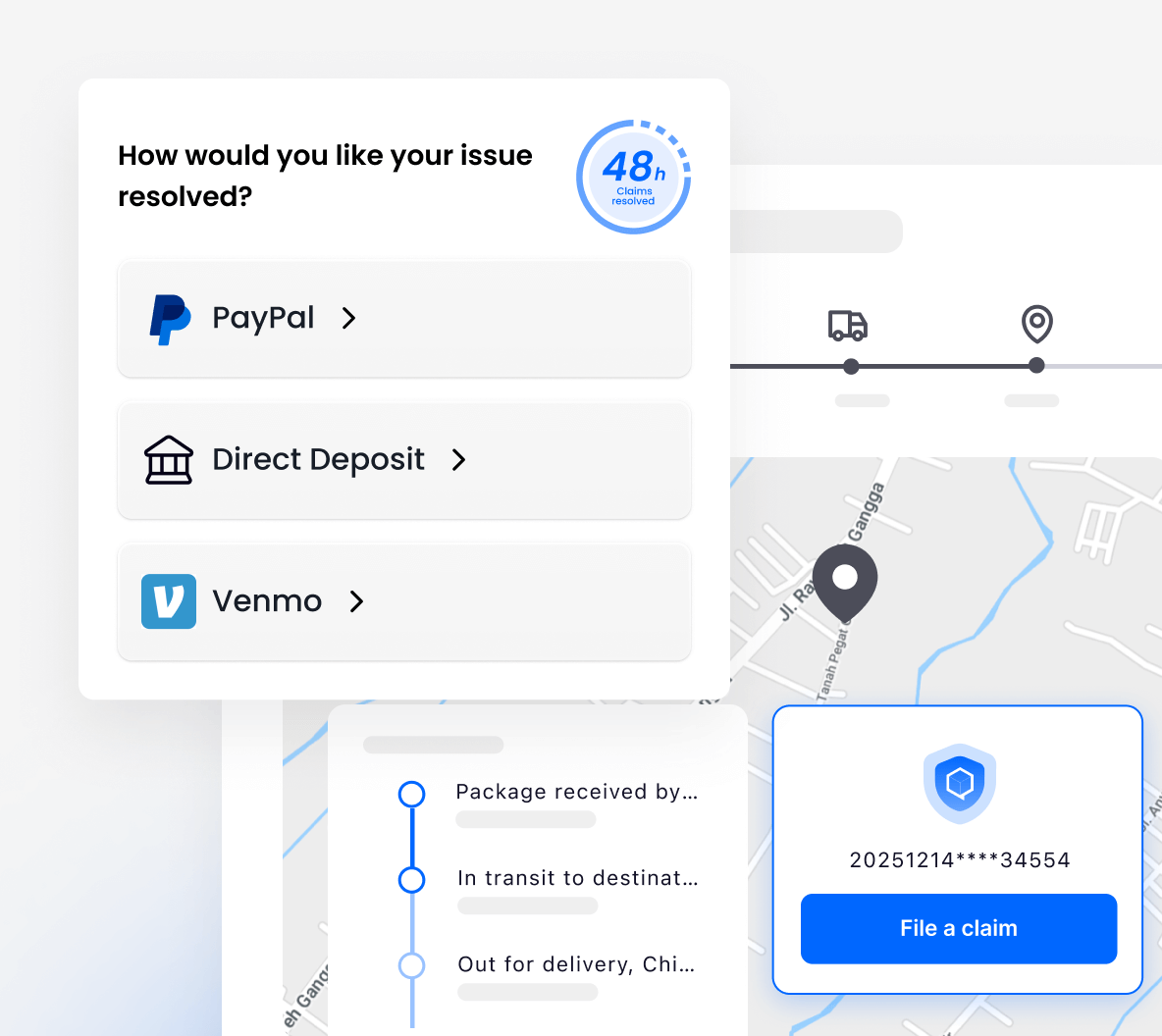 Claim resolution portal showing PayPal payment options and 48-hour processing timeline