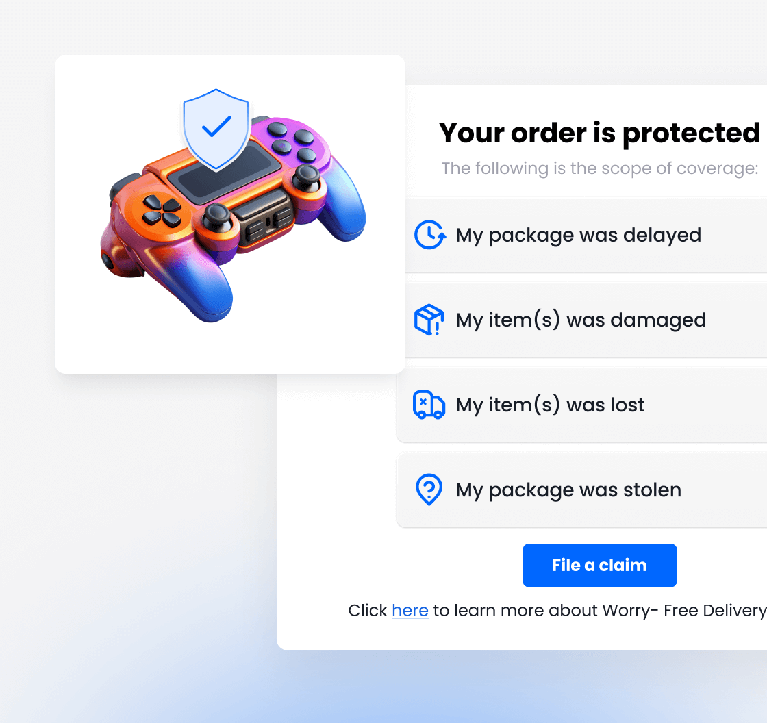 Protection coverage interface showing gaming controller with delayed, damaged, lost and stolen claims options